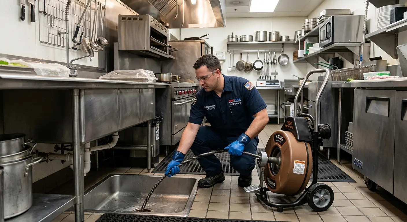 Commercial drain cleaning service in a restaurant kitchen in Suwanee