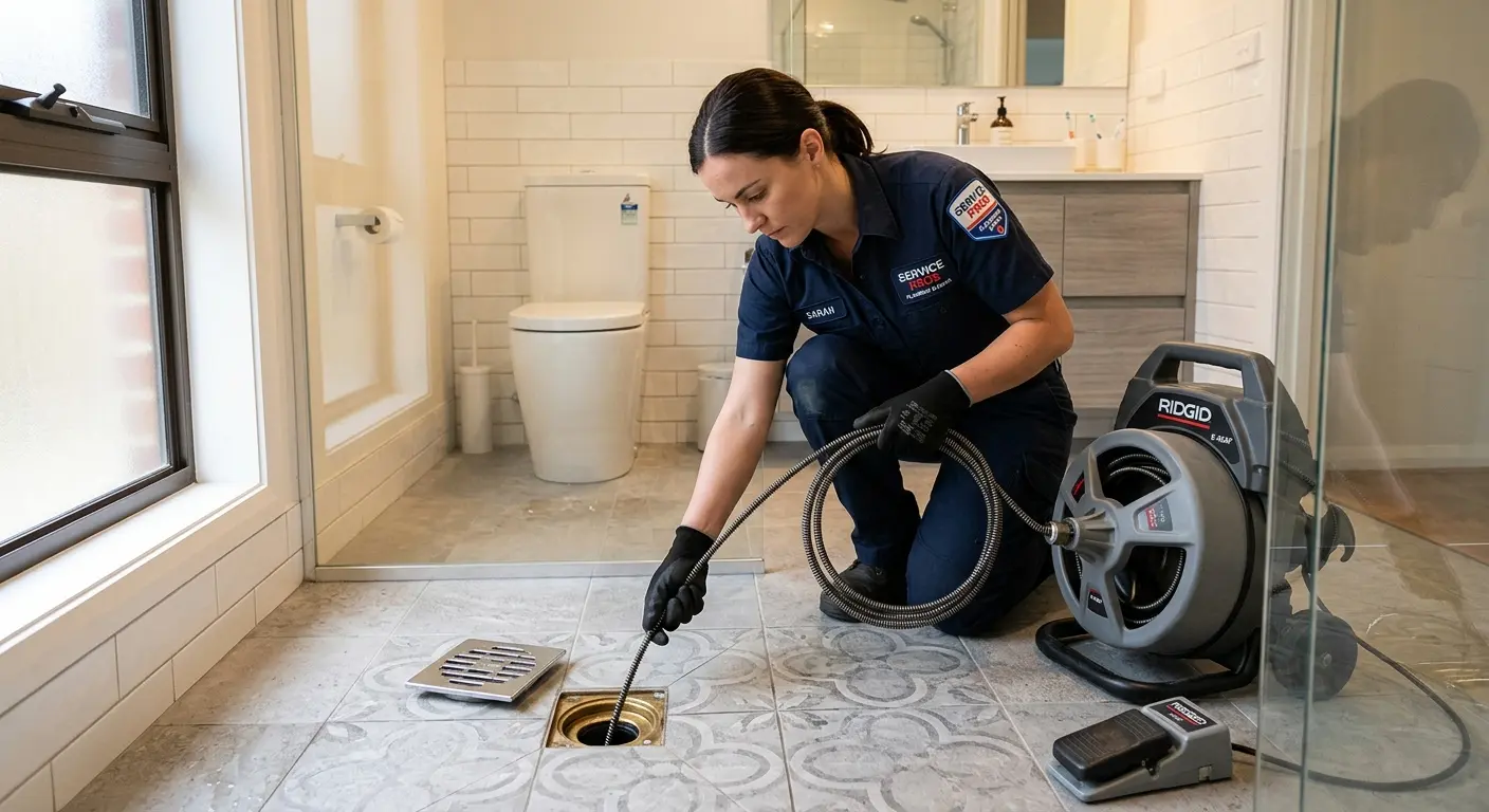 Technician clearing a bathroom floor drain for Clogged Drain Repair in Suwanee